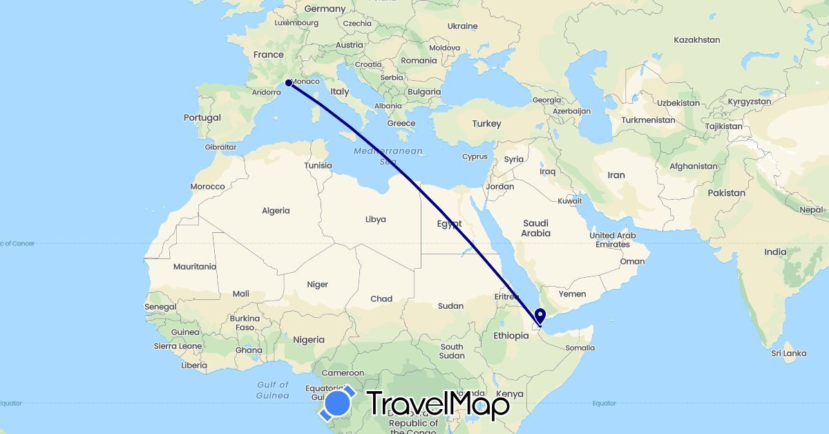 TravelMap itinerary: driving in Djibouti, France (Africa, Europe)